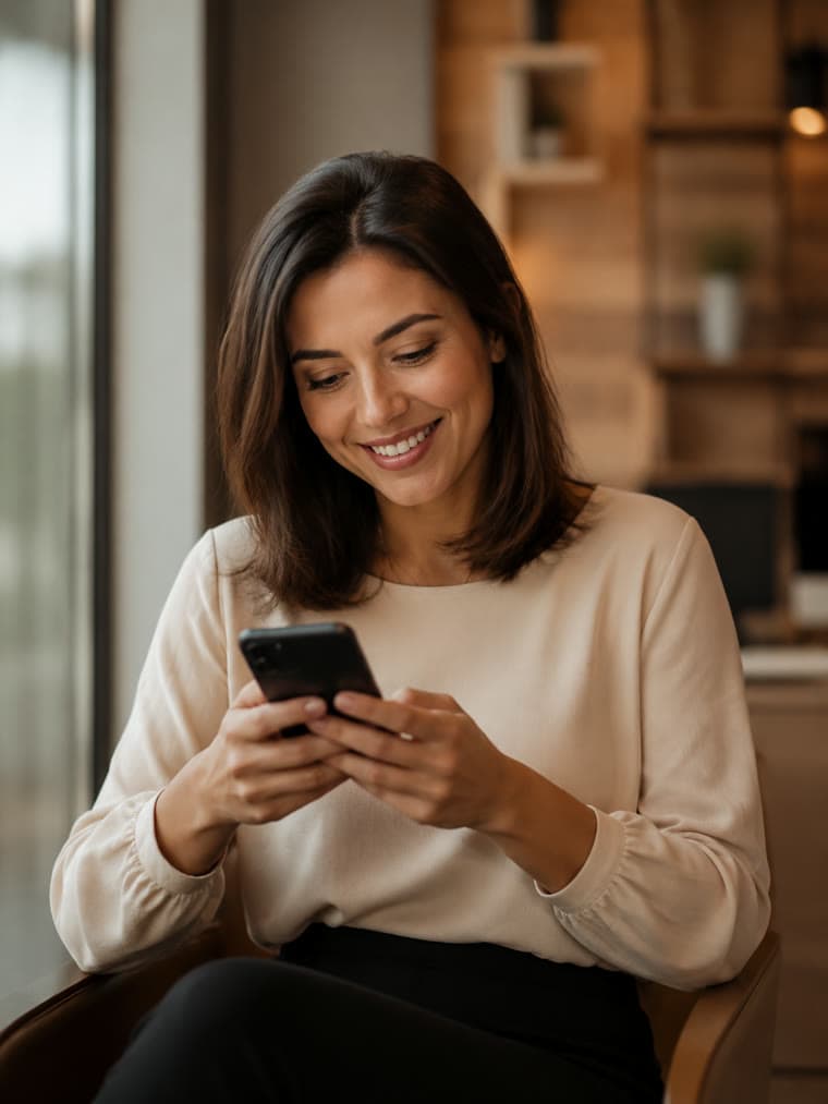 Mulher sorrindo enquanto lê no celular a resposta de um advogado