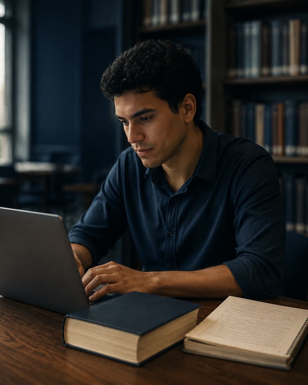 Estudante de Direito em uma mesa de estudo, com notebook aberto e material do curso ao lado.